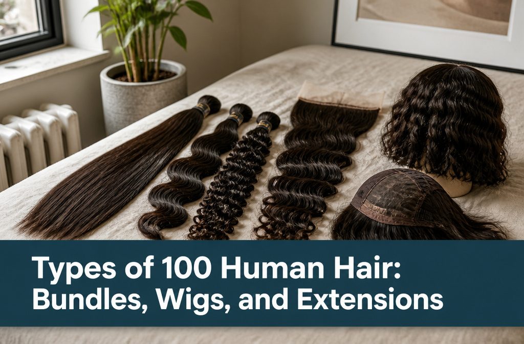 Human hair bundles wigs and extensions arranged for a beauty article