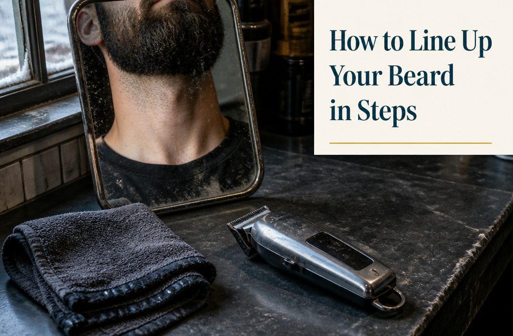 Man examining his beard in a bathroom mirror