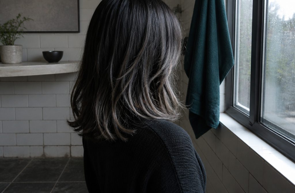 Black short hair with pale frosted tips and textured top