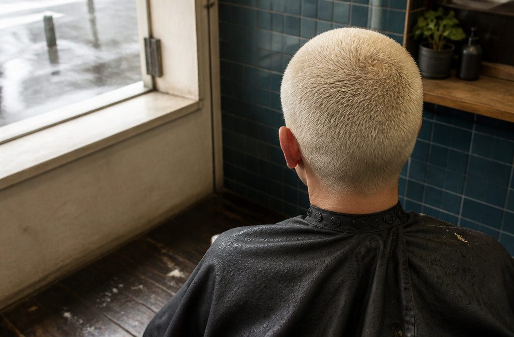Platinum buzz cut with short, even hair across the crown
