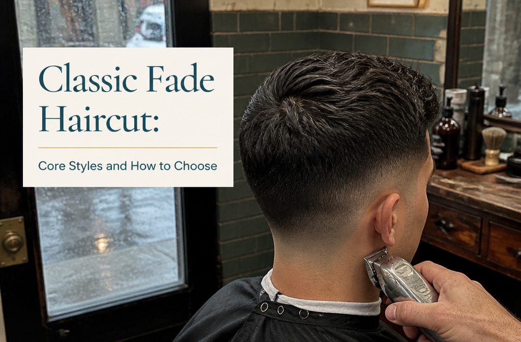 Classic fade haircut with longer hair on top and gradually shorter sides