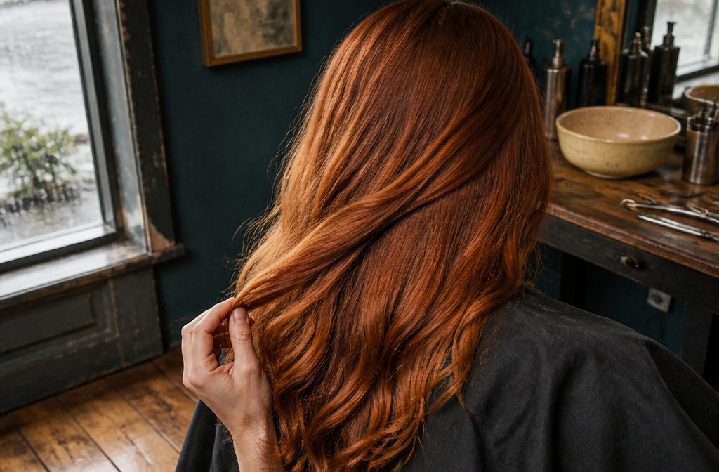 Long hair in muted copper tones with a warm brown base