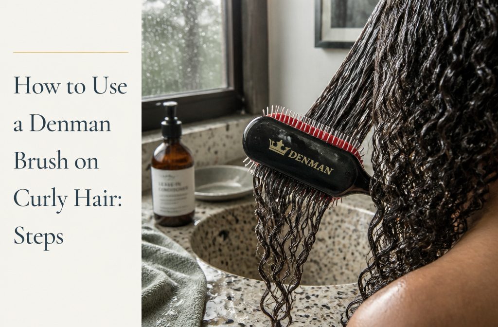 Denman brush pulling through wet curly hair as glossy strands gather into clumps