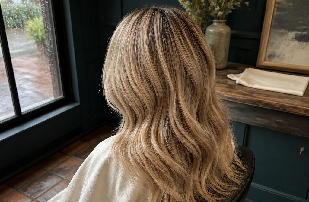 Blonde hair with lighter strands woven through darker tones