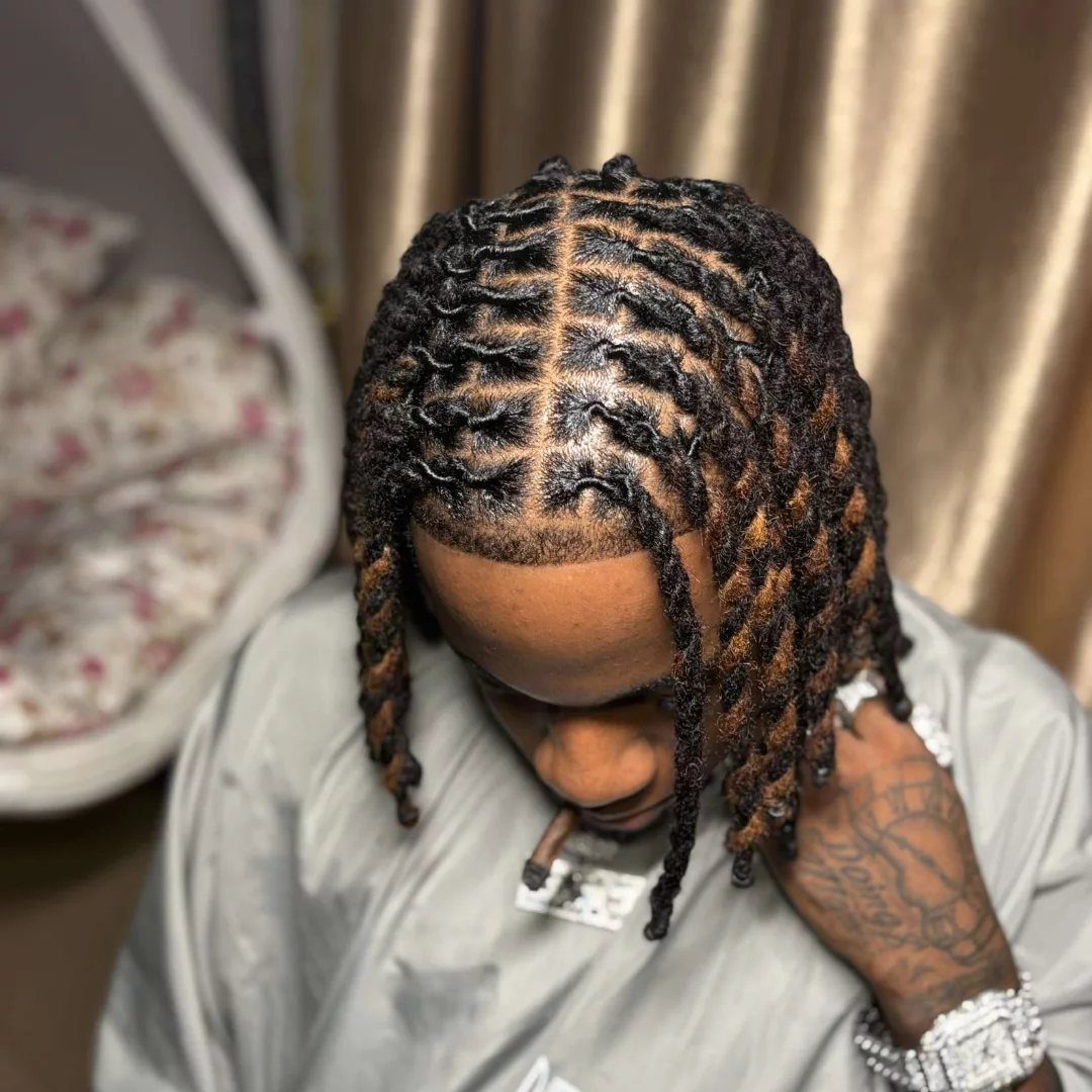 Man with thick, twisted dark brown dreadlocks hanging down around his face.