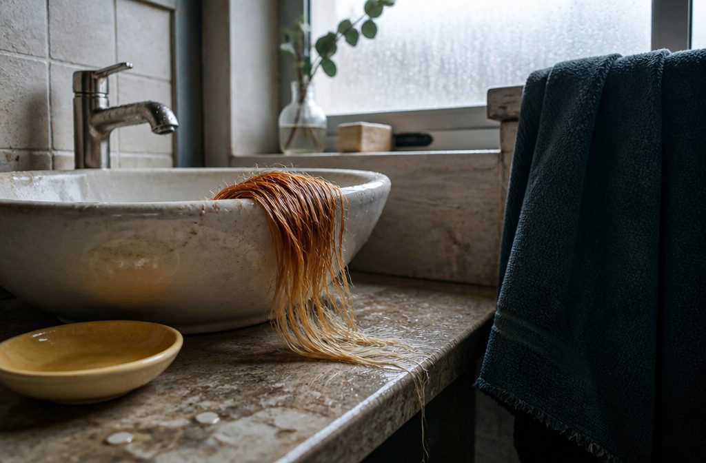 Vividly dyed hair under running water at a bathroom basin with shampoo near the roots