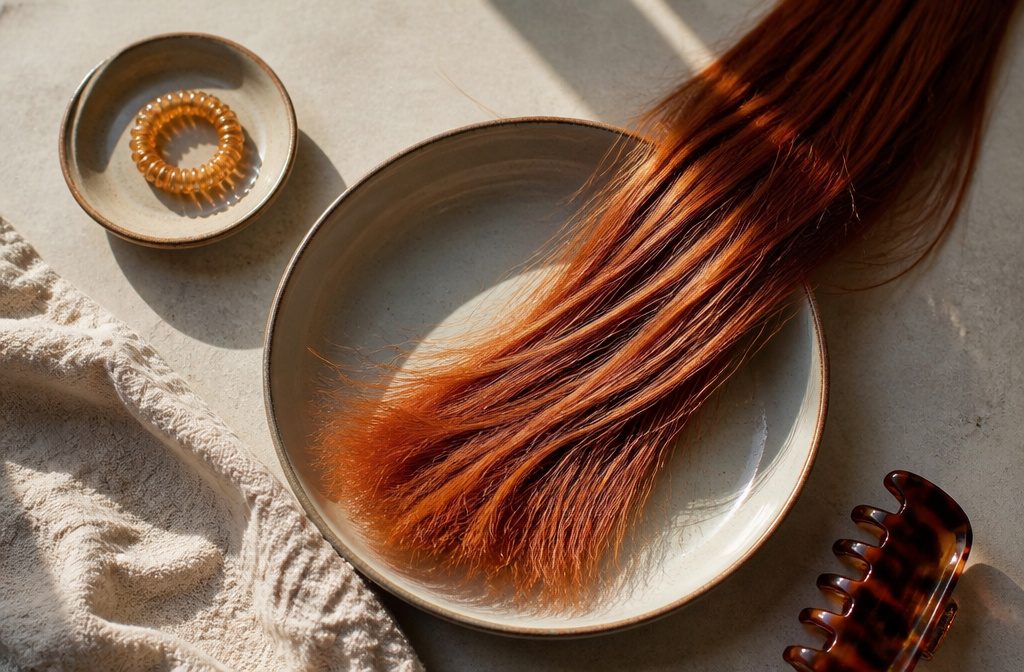 Long copper-red hair gathered into a ponytail against a neutral background