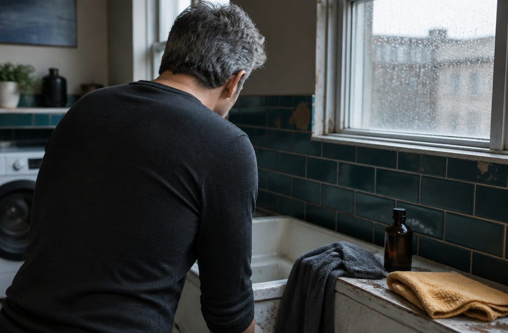 Man looking at silver hair in a bathroom mirror