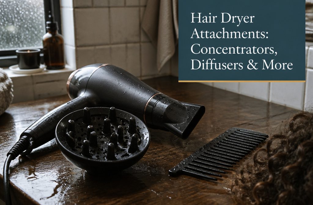 Hair dryer attachments arranged together with nozzles and textured styling heads