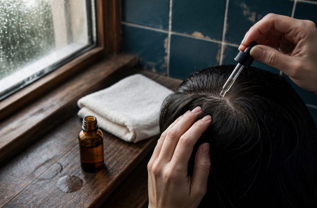 Hair-growth treatments arranged beside scalp-care tools and a comb