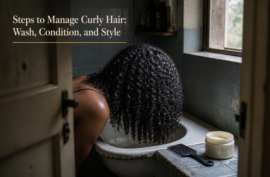 Curly-haired adult shampooing roots in narrow sections inside a tiled shower