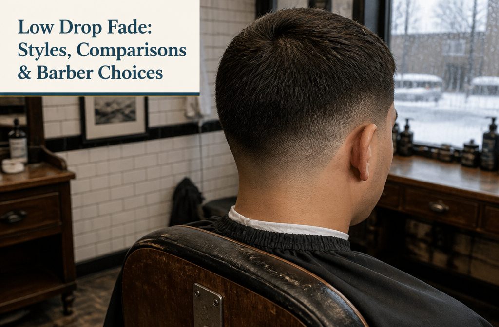 Low drop fade with a curved blend behind the ear and short sides