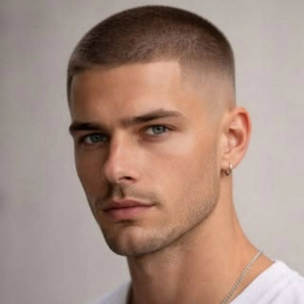 Man with a short buzz cut and skin fade wearing a white t-shirt.