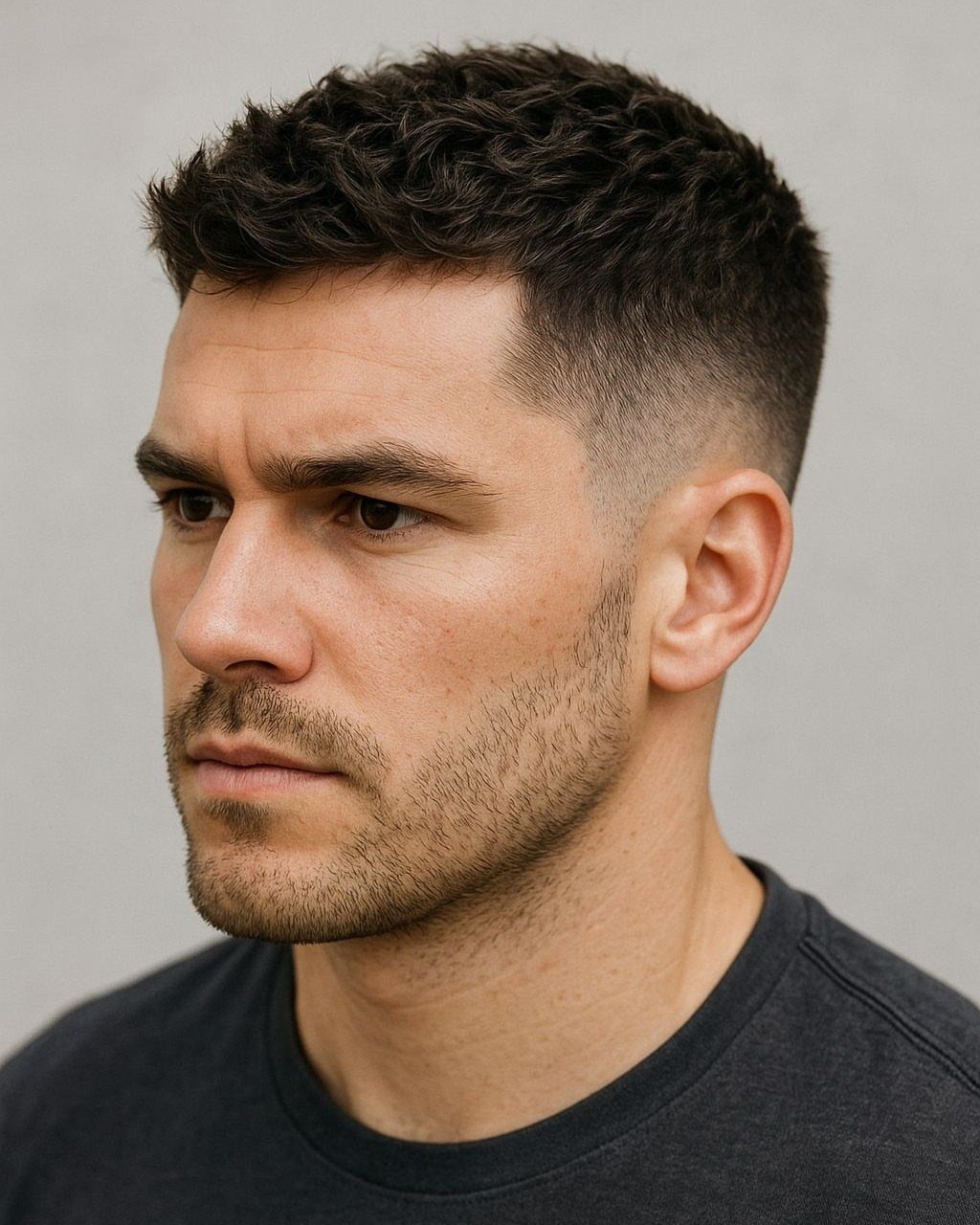 Man with a short textured curly haircut and high skin fade.