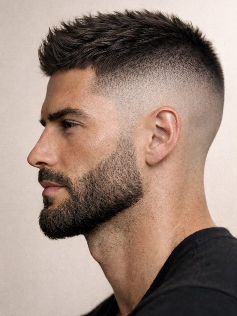Man with a textured crew cut and high skin fade and groomed beard.