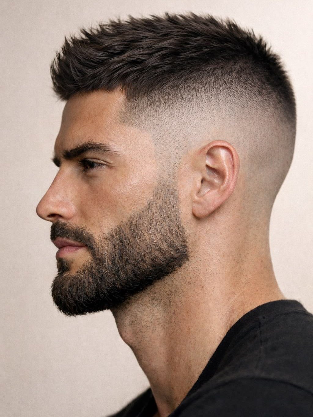Man with a textured crew cut and high skin fade and groomed beard.