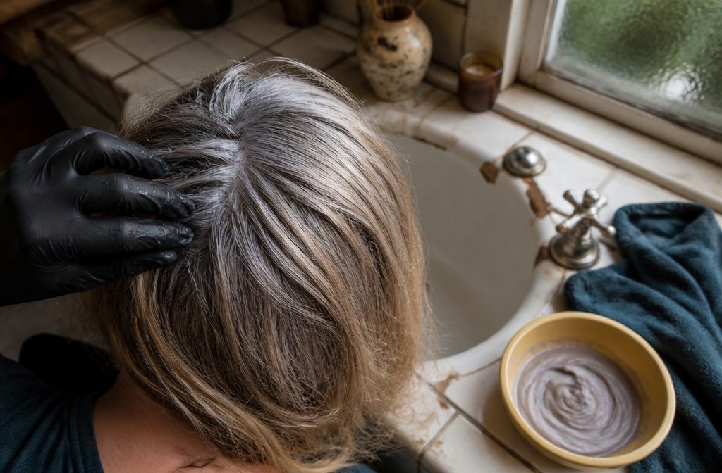 Silver-threaded hair with faded color along the lengths and gray regrowth at the part