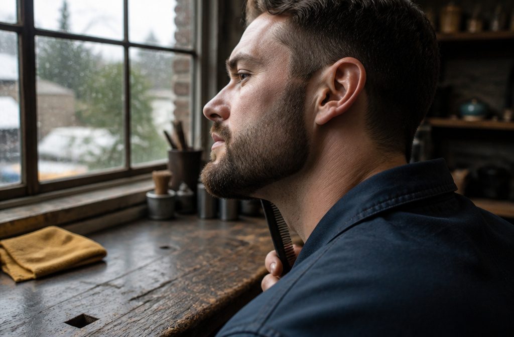 Short boxed beard with trimmed cheek and neck borders framing the jaw