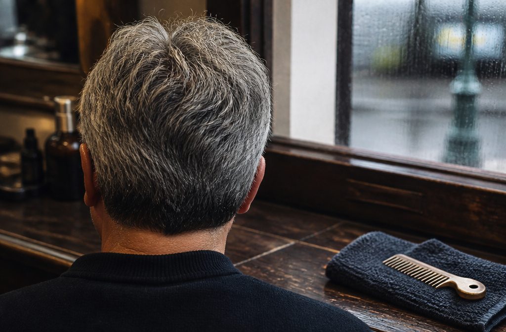 Man with brushed-up silver hair and dark roots, wearing a dark barber cape