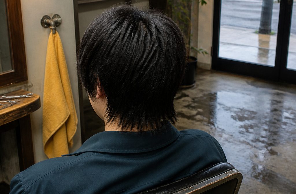 Man with straight hair wearing short crown layers and longer hair at the back