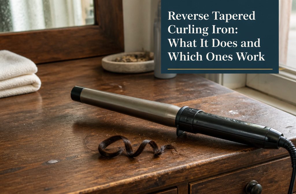 Reverse tapered curling iron with a barrel that widens away from the handle