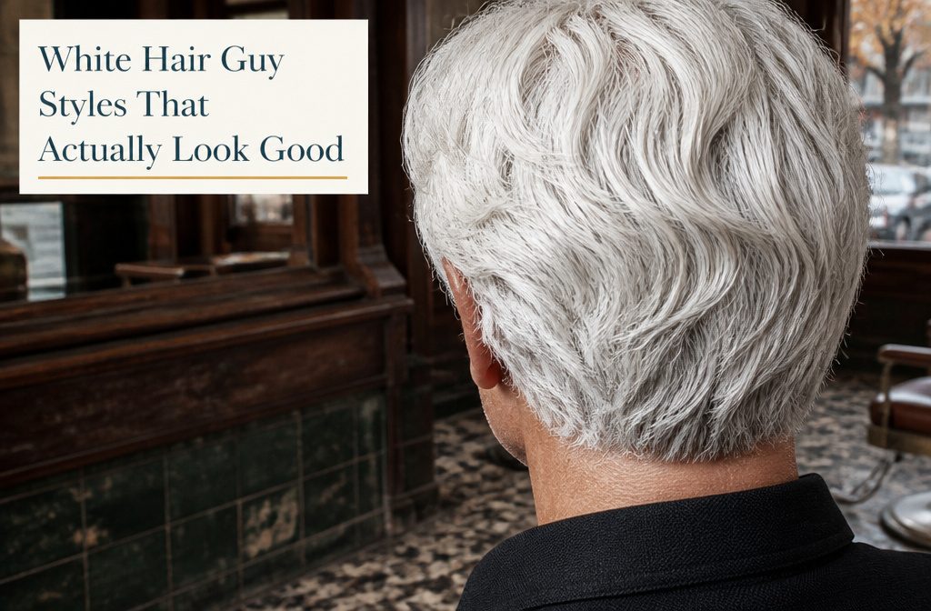 Man with natural gray hair viewed from behind at a three-quarter angle