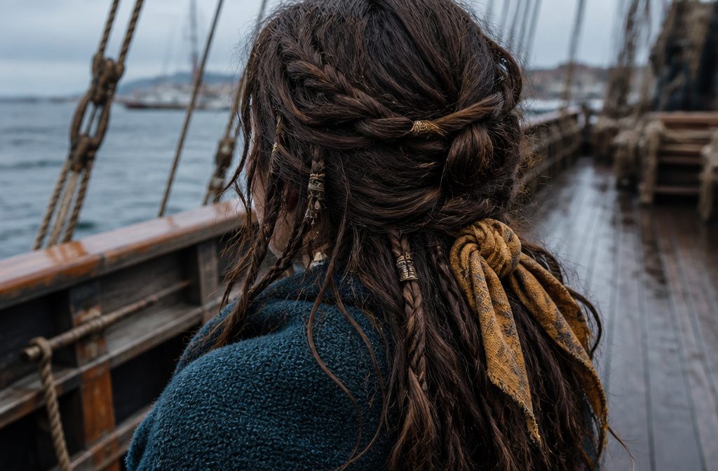 Woman with tousled waves wearing a scarf and weathered tricorn hat
